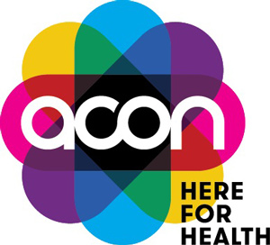 ACON logo - rainbow flower "here for health"