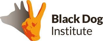 Black Dog Institute logo - Orange had making peace sign with shadow of dog, black text