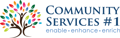 Community Services #1 logo - tree made of multicoloured leaves with three person shaped figures to make up trunk "enable . enhance . enrich"
