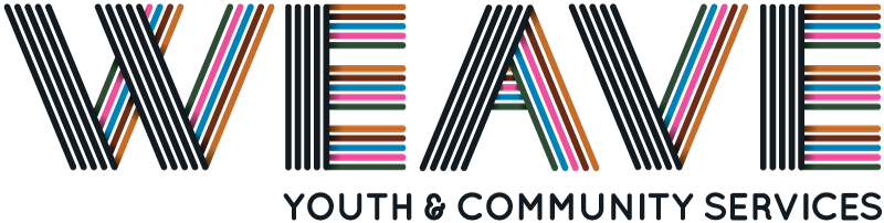 WEAVE logo - thin coloured lines make up the word weave "Youth Community Services"
