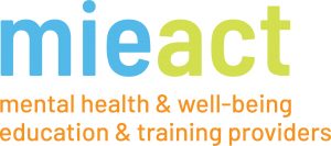 MIEACT logo - bright blue, orange and green text "mental health & wellbeing education & training providers